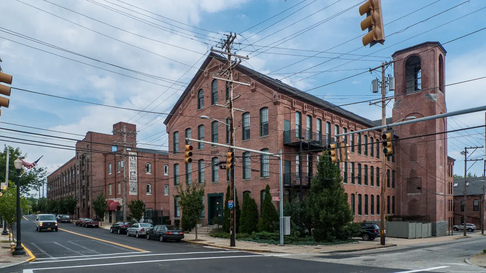 Historic brick textile mill buildings in the Mills District, Central Falls, Rhode Island