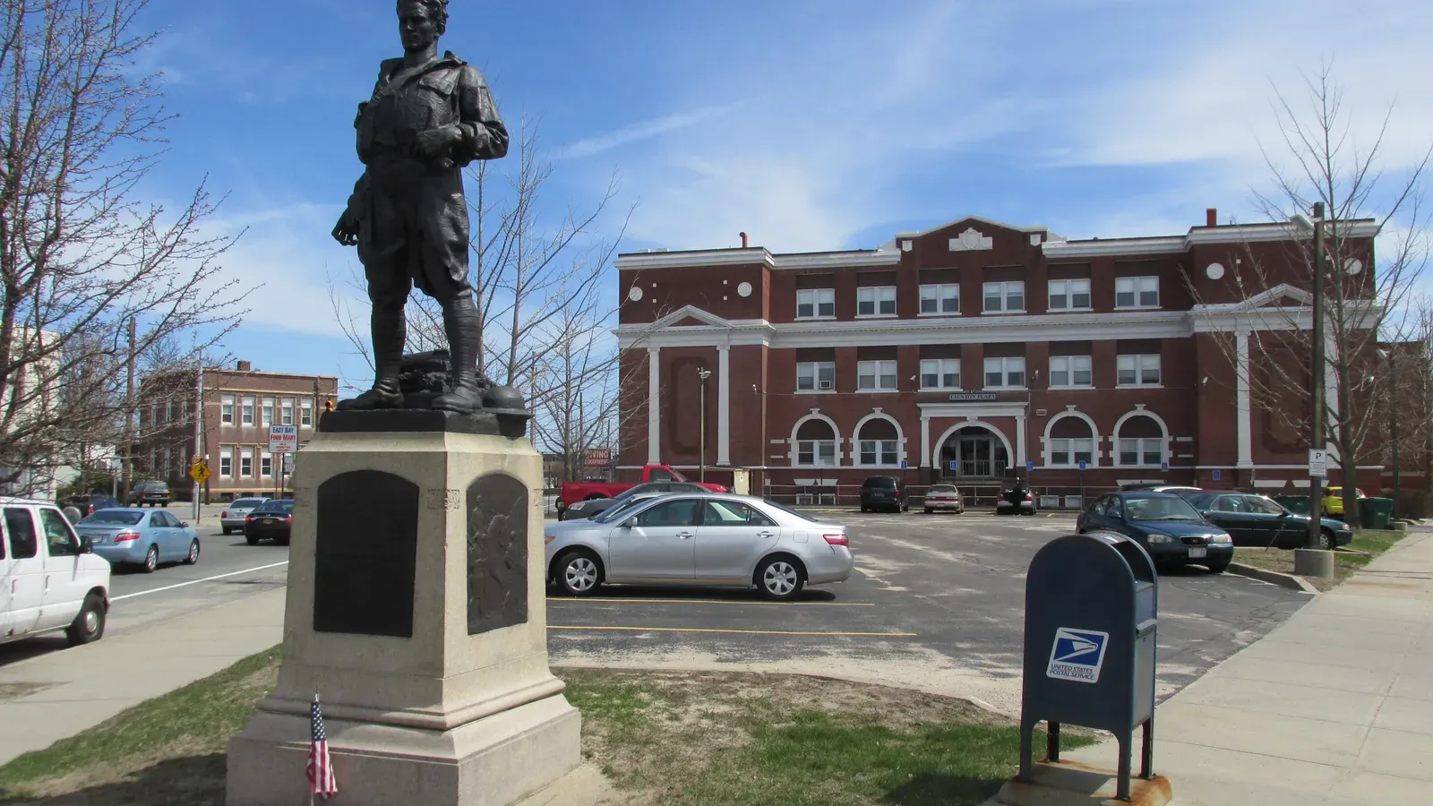 The World War I memorial statue in front of the Taunton Plaza building, East Providence, Rhode Island