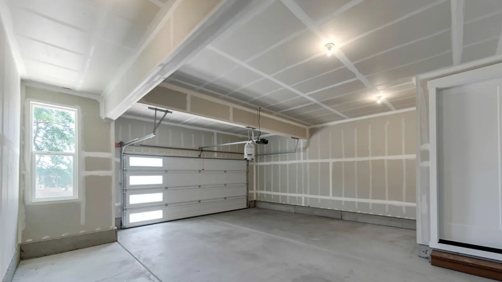 Garage interior with the walls and ceiling drywalled and taped, overhead door closed and a door through to the house