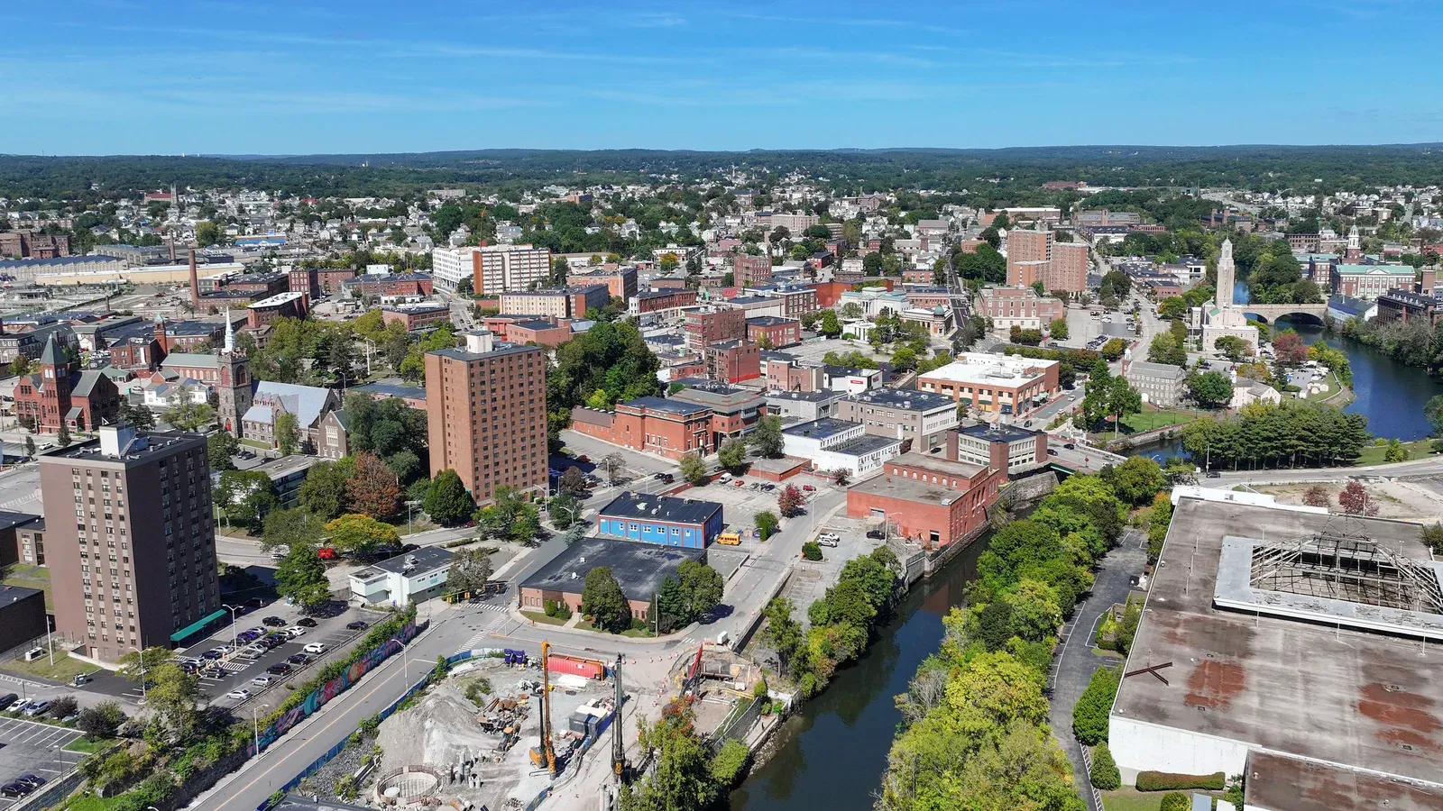 Aerial view of downtown Pawtucket and the Blackstone River, Pawtucket, Rhode Island