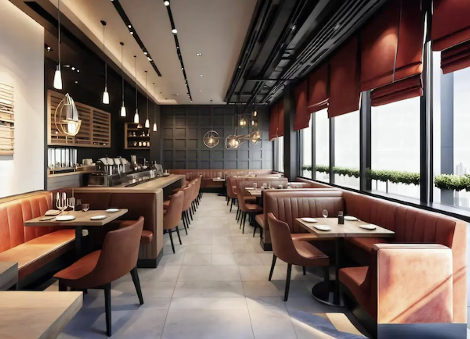 Upscale restaurant dining room with terracotta leather banquettes, a coffered black ceiling with a wood-slat soffit, gray panelled wainscot, and city-view windows
