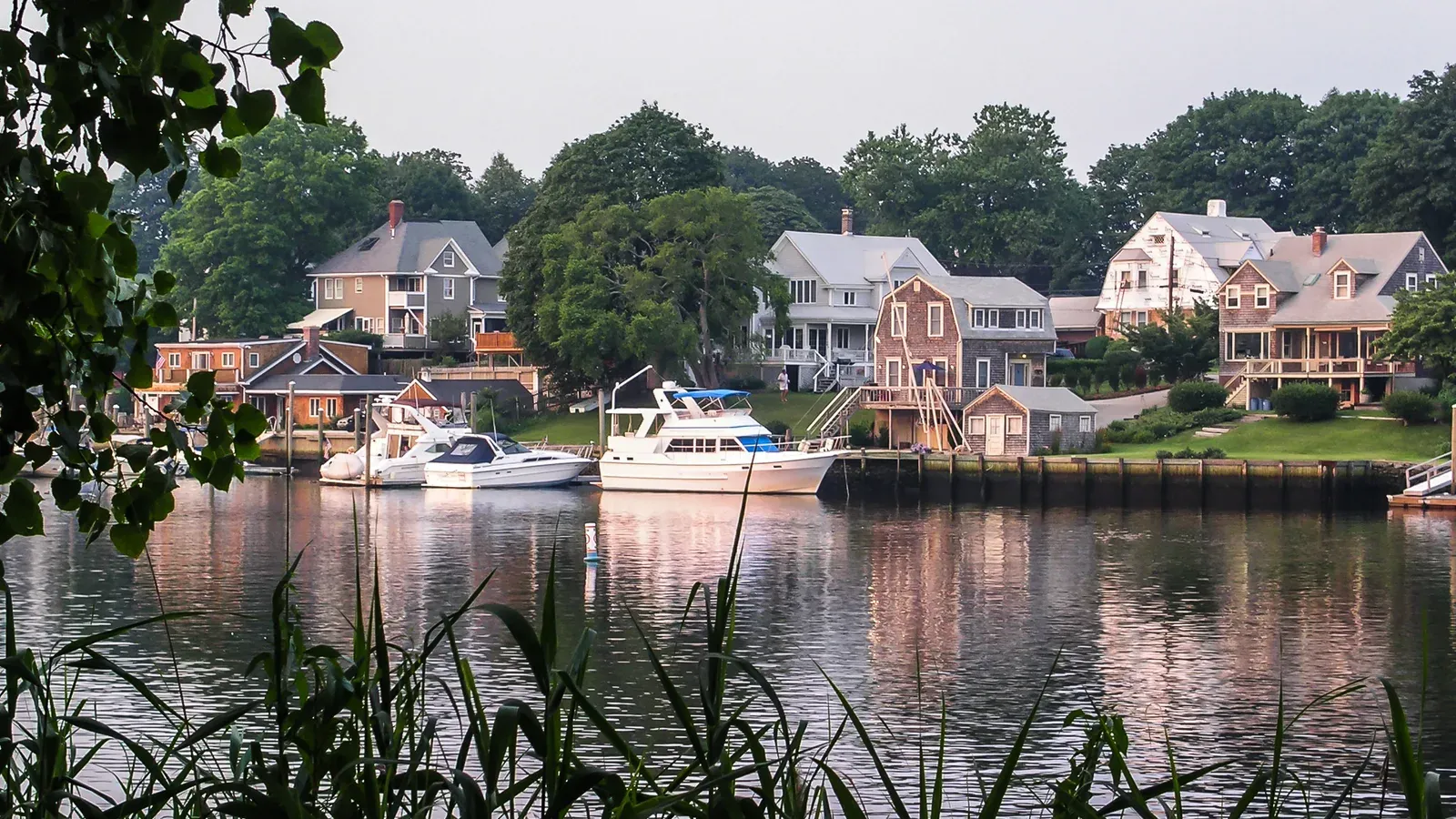 Waterfront homes and moored boats along Pawtuxet Cove, Warwick, Rhode Island